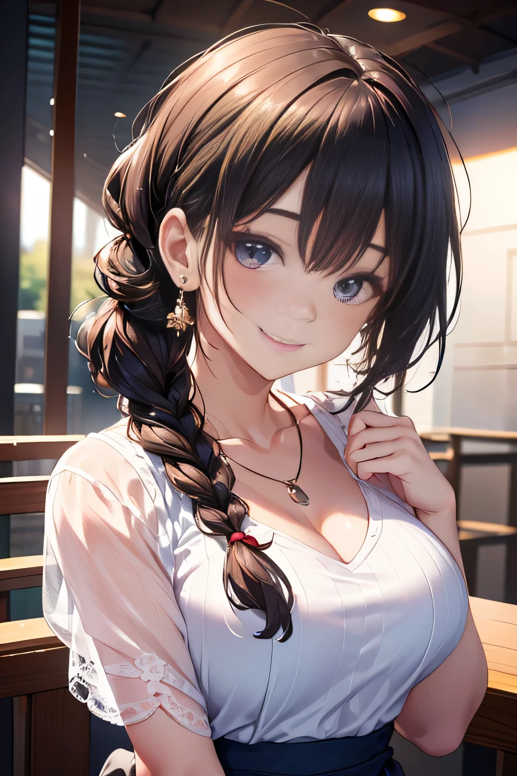 Solo Girl,Standing in the park,Casual summer knit dress,(Flower Hair Ornaments,Braided top knot,Twisted Side Part Ponytail Braided Headband,Half Up、Braided Space Van,Voluminous fishtail braid,Twisted pan),(The bangs are see-through),(((Accentuate your breasts:1.3))),(Dynamic Angle),(Dynamic and sexy pose),(Lean forward:1.3),(((A majestic statue))),Clothing gets messy due to movement,Playing with the chest,hairpin,necklace,Earrings,Beautiful woman,.Perfect Face,With a round face,(A smile that makes people happy:1.7),Big and ample breasts,,Intricate details,Very delicate and beautiful hair,Photorealistic,dream-like,Realistic Shadows,Focus Only,Beautiful Hands,Beautiful fingers,Detailed functions of the fingers,Detailed characteristics of the garment,Detailed characteristics of hair,Detailed facial features,、(Professional Lighting),(Photorealistic:1.3),(RAW Photos.),(highest quality,Ultra-high resolution output images,) ,(8K quality,),(Picture Mode Ultra HD,)