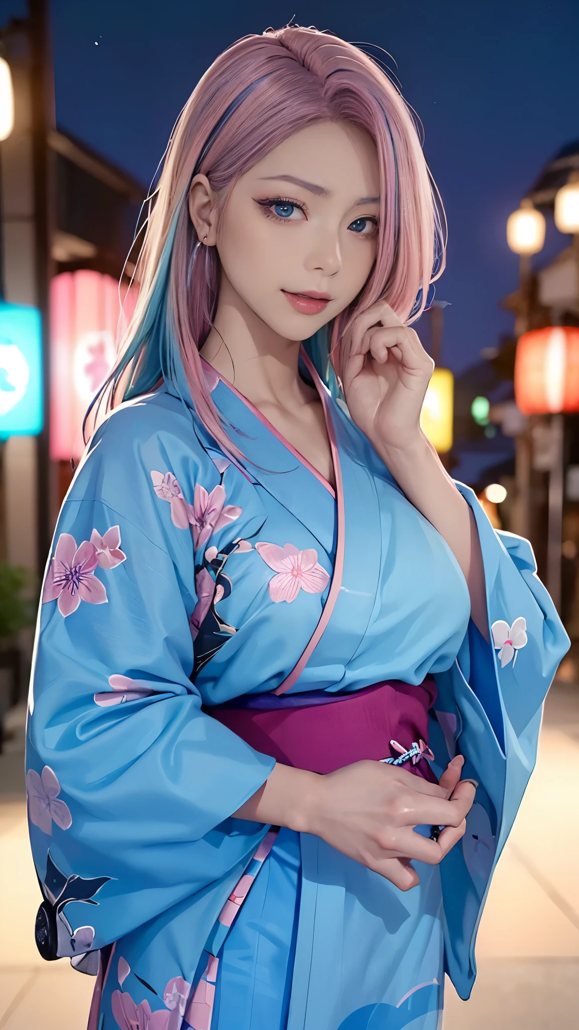 (masutepiece), (((Highest Quality)), (super detailed), 1 girl, (Iridescent hair, Colorful hair, Half blue and half pink hair: 1.2), , (Yukata: 1.2), Midsummer Night、plein air, Bangs, Smile, sky-blue eyes, Perfect hands, Perfect hands, Hand Details, Corrected Fingers. earrings, Night Store + Background, up looking_in_viewer, Cowboy Shot, of the highest quality, rich detail, Perfect image quality, blue dark color、(night:1.5, Japanese Summer Festivals)