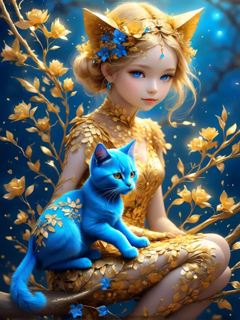 girl made of golden flowers sitting on a branch，holding a blue cat，blur background，highly detailed，lifelike，lifelike，air flash p...