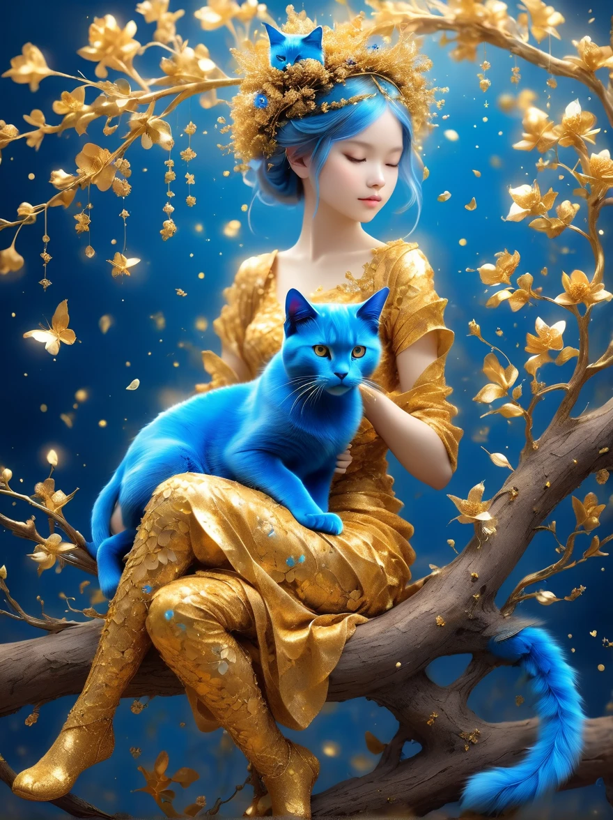 Menina feita de flores douradas, sentada em um galho，Segurando um gato azul，desfocar o fundo，altamente detalhado，realista，realista，Partículas de flash de ar，fotos de estúdio，altamente detalhado，dinâmico，，Obra de arte，complex，hdr，fractal abstrato，atmosfera romântica，fotos premiadas