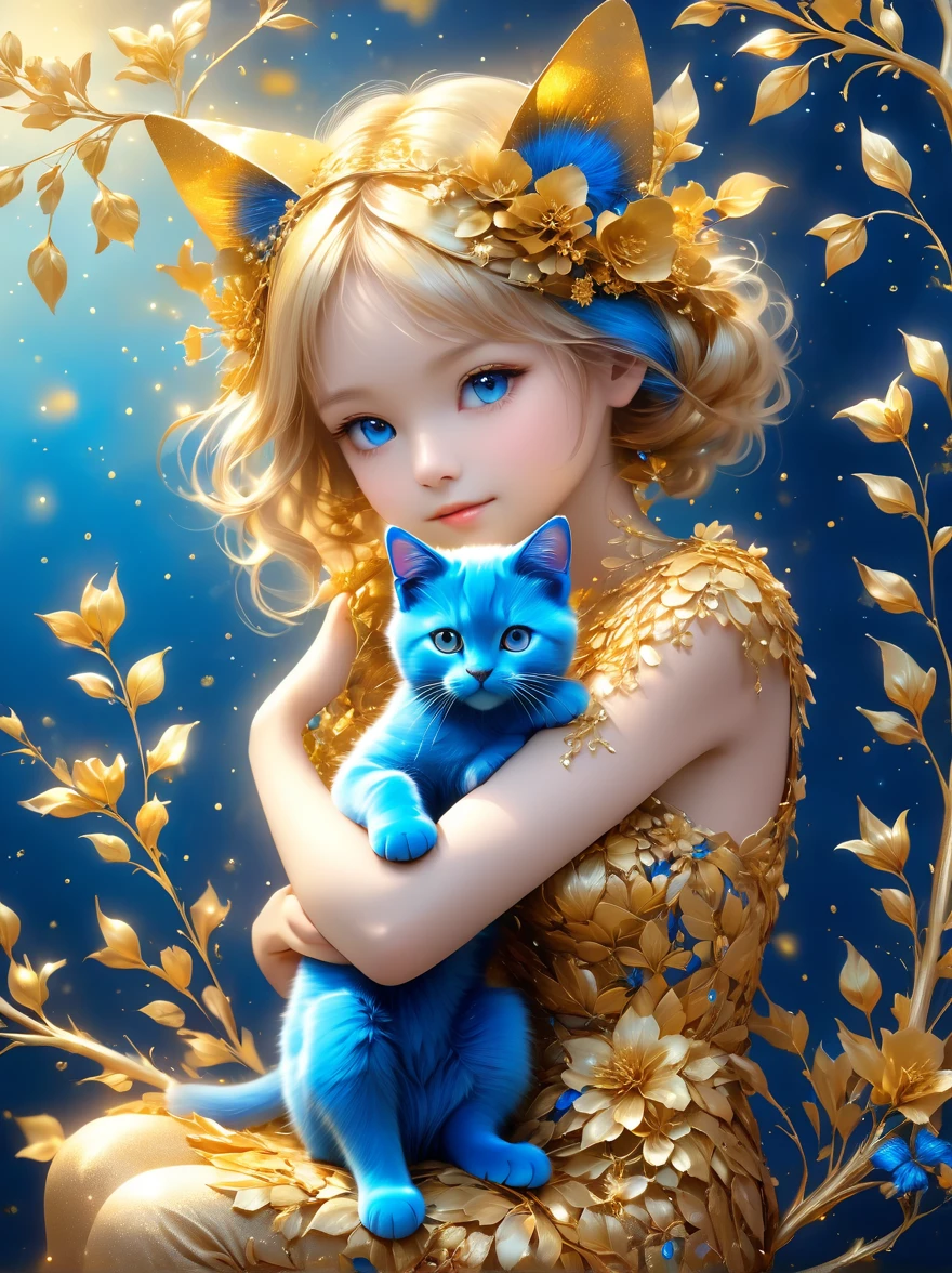 Girl made of golden flowers sitting on a branch，Holding a blue cat，blur background，Highly detailed，lifelike，Lifelike，Air flash particles，Studio Photos，Highly detailed，dynamic，，masterpiece，complex，hdr，Abstract fractal，Romantic atmosphere，Award-winning photos