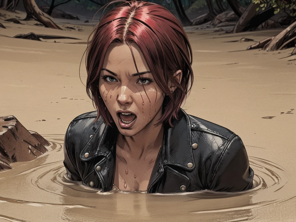 head with colored hair, orgasm expression, completely drowned in quicksand:1.3, [leather jacket]