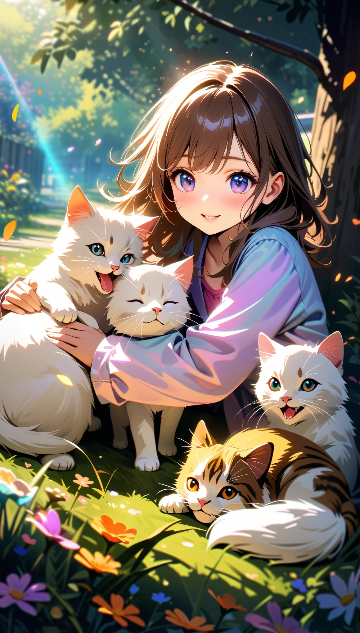 Anime girl with cats and rainbow in the background - SeaArt AI