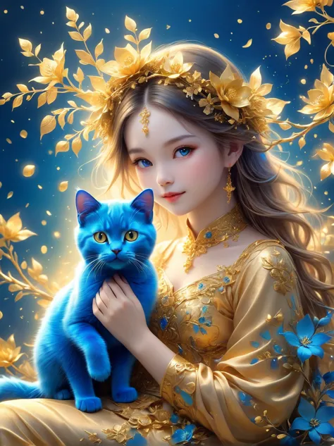 Girl made of golden flowers sitting on a branch，Holding a blue cat，blur background，Highly detailed，lifelike，Lifelike，Air flash p...