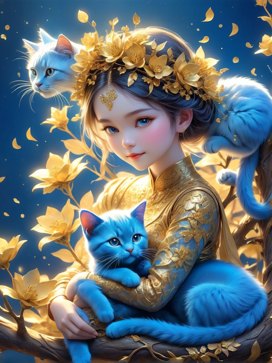 Girl made of golden flowers sitting on a branch，Holding a blue cat，blur background，Highly detailed，lifelike，Lifelike，Air flash particles，Studio Photos，Highly detailed，dynamic，，masterpiece，complex，hdr，Abstract fractal，Romantic atmosphere，Award-winning photos