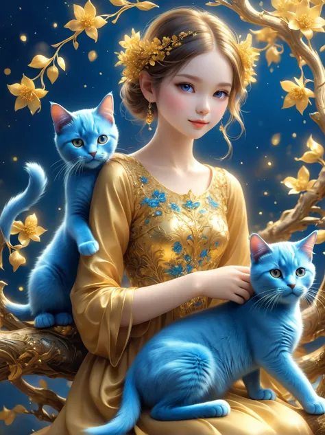 Girl made of golden flowers sitting on a branch，Holding a blue cat，blur background，Highly detailed，lifelike，Lifelike，Air flash p...