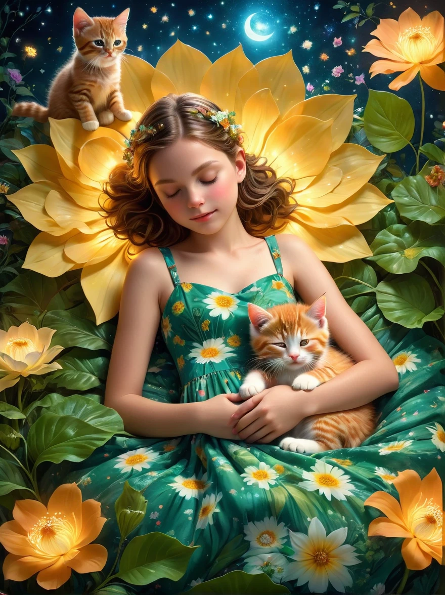 なぜ床, 巨大な花の中で眠るかわいい十代の少女と子猫，花柄のドレスを着た女の子，森，夜，光る粒子，リアルな，非常に詳細な，リアルな，スタジオ写真，非常に詳細な，傑作