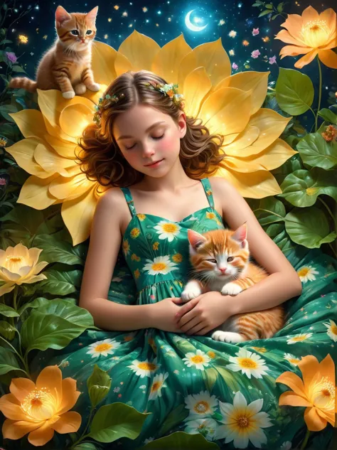 pam-flwr, A cute teenage girl and kitten sleeping in a giant flower，Girl in floral dress，forest，night，Glowing particles，lifelike...
