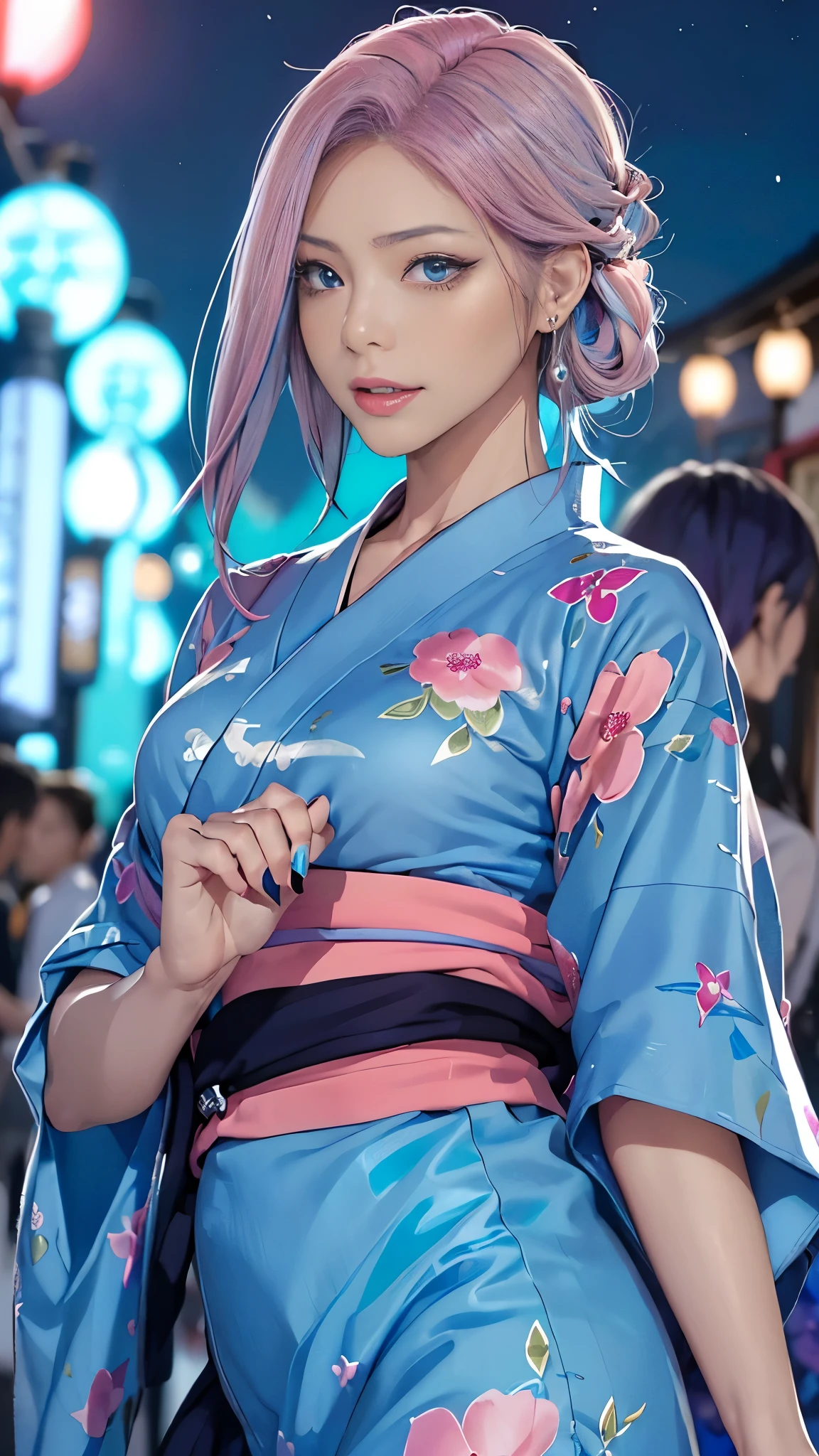 (masutepiece), (((Highest Quality)), (super detailed), 1 girl, (Iridescent hair, Colorful hair, Half blue and half pink hair: 1.2), Beautiful detailed and elaborate backgrounds、, (Yukata: 1.2), Midsummer Night、plein air, Bangs, Smile, sky-blue eyes, Perfect hands, Perfect hands, Hand Details, Corrected Fingers. earrings, Night Store + Background, up looking_in_viewer, Cowboy Shot, of the highest quality, rich detail, Perfect image quality, blue dark color、(night:1.5, Japanese Summer Festivals, Pompadour :1.3,Half-up hairstyle)