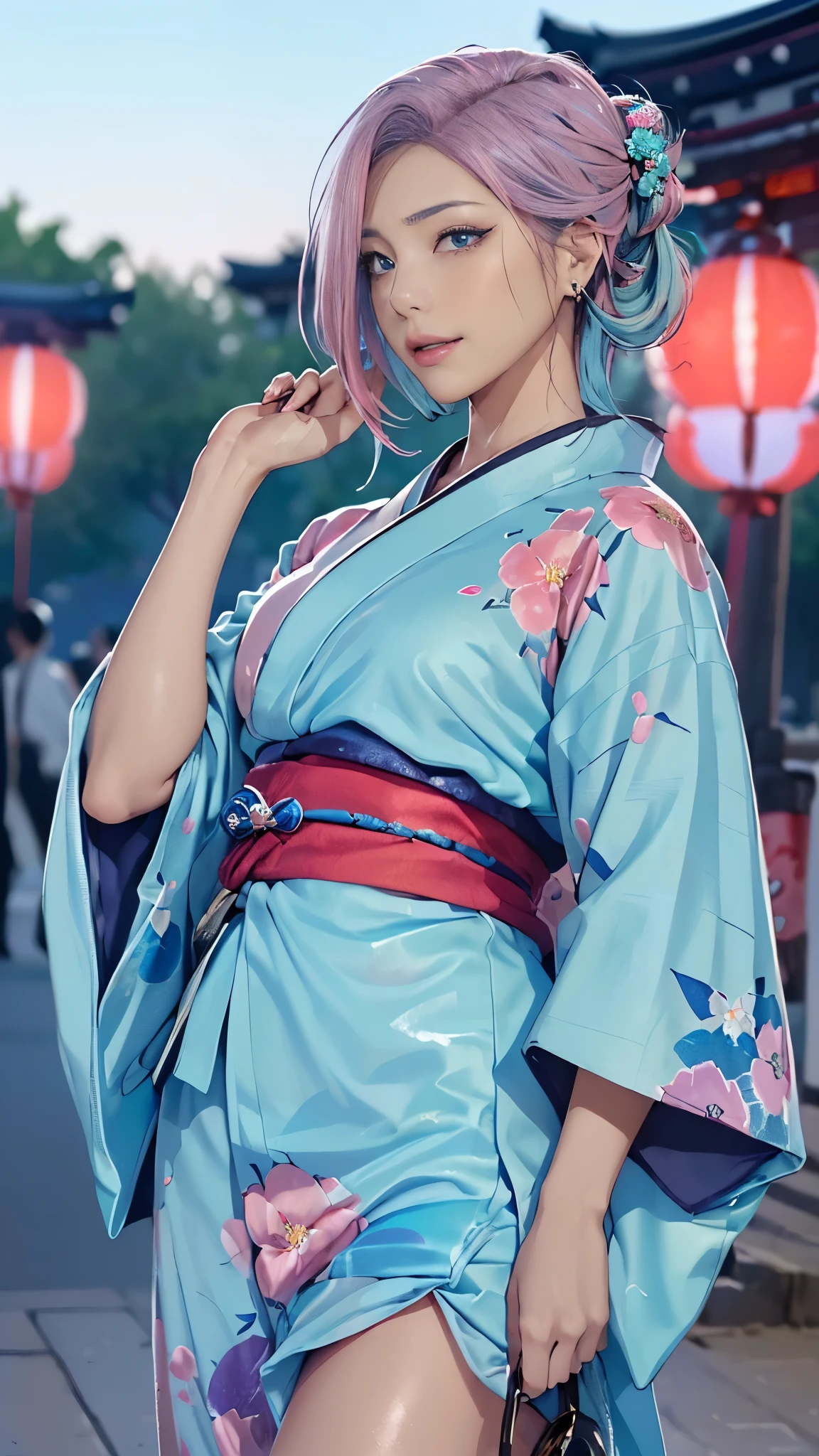 (masutepiece), (((Highest Quality)), (super detailed), 1 girl, (Iridescent hair, Colorful hair, Half blue and half pink hair: 1.2, Beautiful detailed and elaborate backgrounds:1.2), , (Yukata: 1.2), Midsummer Night、plein air, Bangs, Smile, sky-blue eyes, Perfect hands, Perfect hands, Hand Details, Corrected Fingers. earrings, Night Store + Background, up looking_in_viewer, Cowboy Shot, of the highest quality, rich detail, Perfect image quality, blue dark color、(night:1.5, Japanese Summer Festivals, Pompadour hairstyle:1.2)