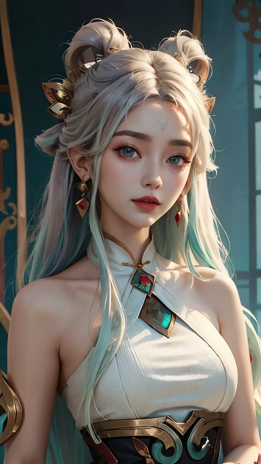 (masterpiece, best quality:1.2), intricate details, mythmaker irelia, 1girl, hair ornament, hair rings, bare shoulders, dress, detached sleeves, forehead mark, multicolored hair, white hair, earrings, green eyes, textured skin, looking at viewer, solo, light smile, (mature female:1.2),sexy pose