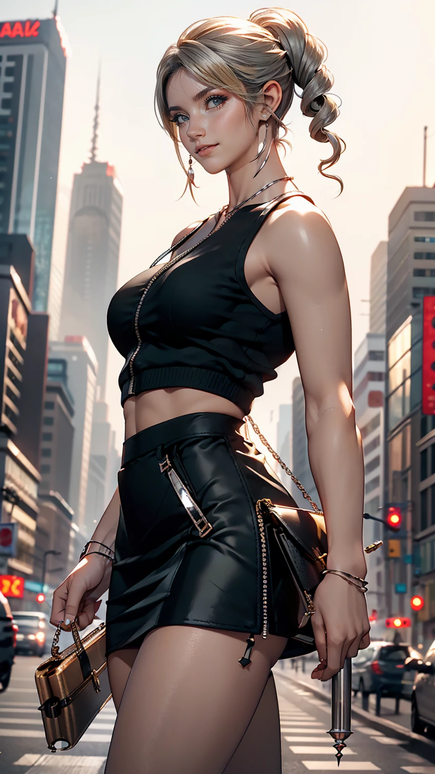 26 year old Caucasian female、Wear a black sleeveless zipper-up top、Navel visible、Lower milk visible、Wear a low-rise black mini skirt、Wear stiletto heels、Have a clutch bag、Side Tail((side drill))、Silver Hair、smile、Skyscraper background