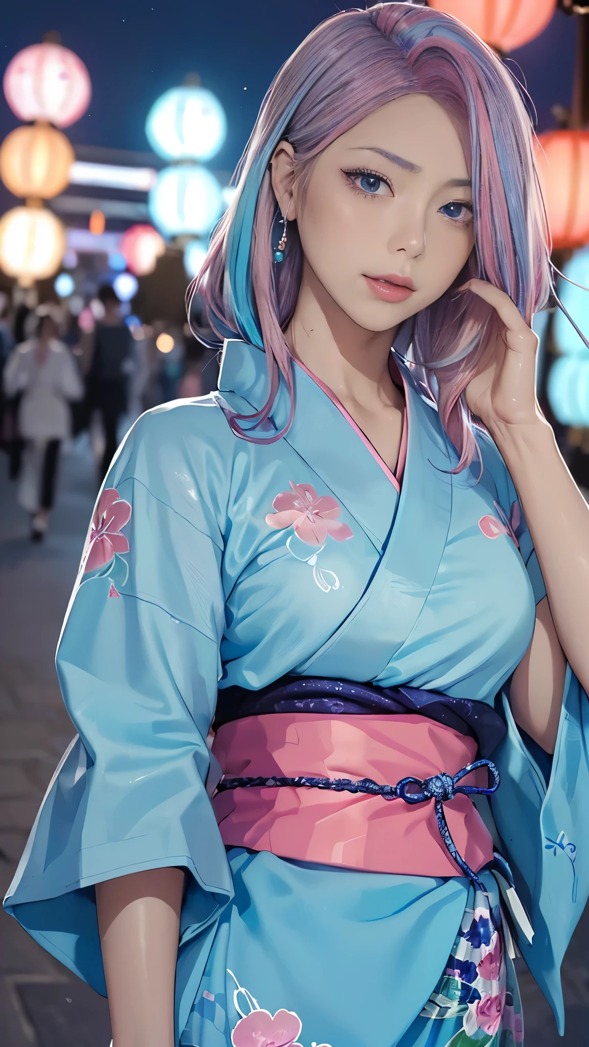 (masutepiece), (((Highest Quality)), (super detailed), 1 girl, (Iridescent hair, Colorful hair, Half blue and half pink hair: 1.2, Beautiful detailed and elaborate backgrounds:1.2), , (Yukata: 1.2), Midsummer Night、plein air, Bangs, Smile, sky-blue eyes, Perfect hands, Perfect hands, Hand Details, Corrected Fingers. earrings, Night Store + Background, up looking_in_viewer, Cowboy Shot, of the highest quality, rich detail, Perfect image quality, blue dark color、(night:1.5, Japanese Summer Festivals, Pompadour hairstyle:1.2)