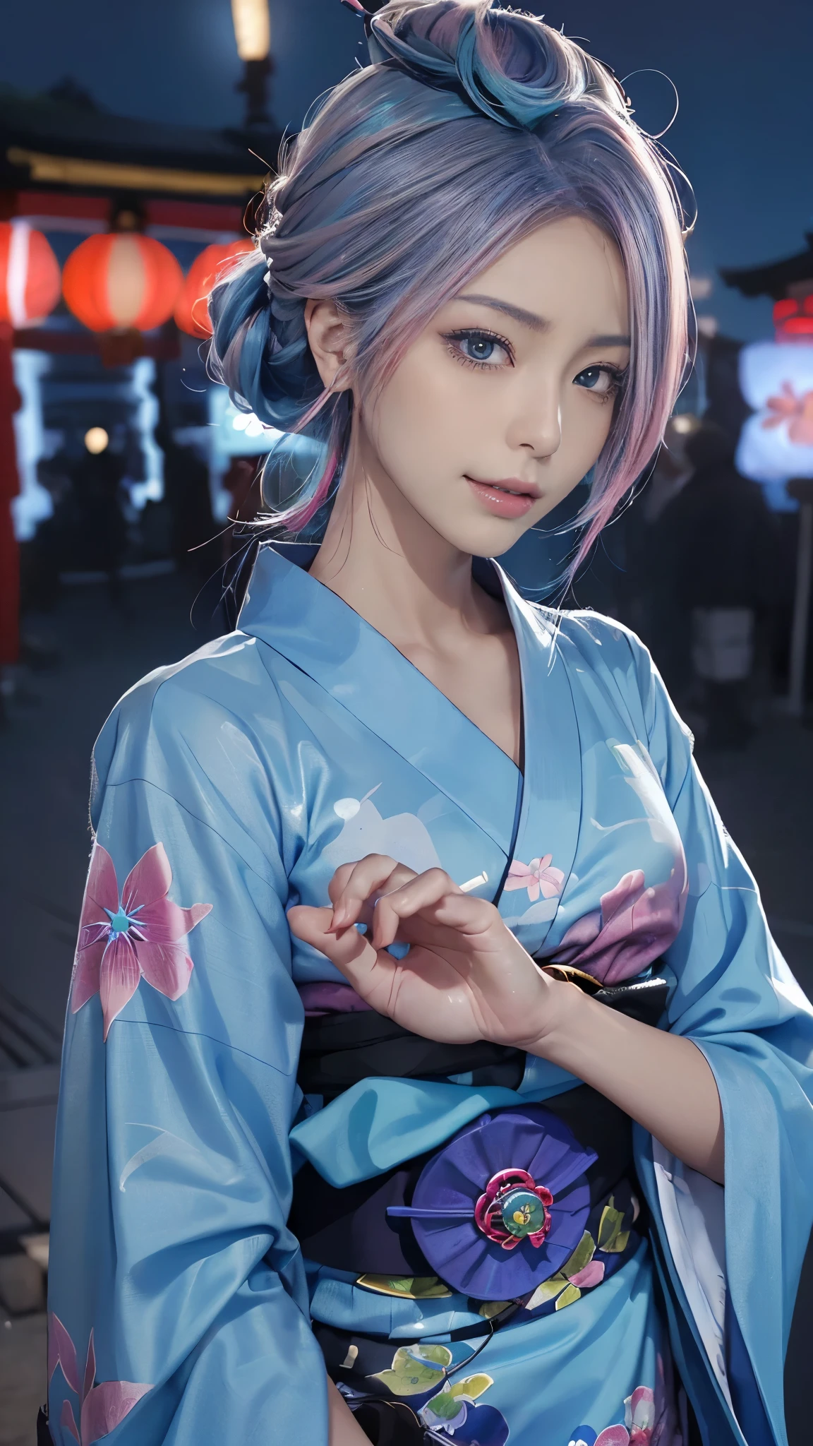 (masutepiece), (((Highest Quality)), (super detailed), 1 girl, (Iridescent hair, Colorful hair, Half blue and half pink hair: 1.2, Beautiful detailed and elaborate backgrounds), (Yukata: 1.2), Midsummer Night、plein air, Bangs, Smile, sky-blue eyes, Perfect hands, Perfect hands, Hand Details, Corrected Fingers. earrings, Night Store + Background, up looking_in_viewer, Cowboy Shot, of the highest quality, rich detail, Perfect image quality, blue dark color、(night:1.5, Japanese Summer Festivals, Pompadour hairstyle:1.3)