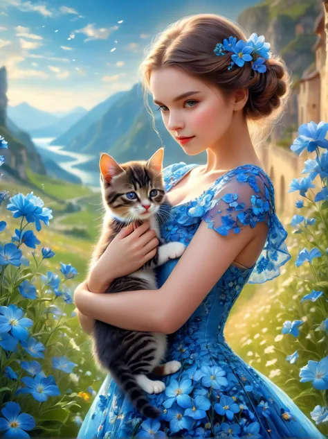 pam-flwr，Beautiful young girl wearing a beautiful dress made of blue flowers，Holding a cute kitten，Beautiful landscape backgroun...