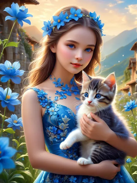pam-flwr，Beautiful young girl wearing a beautiful dress made of blue flowers，Holding a cute kitten，Beautiful landscape backgroun...
