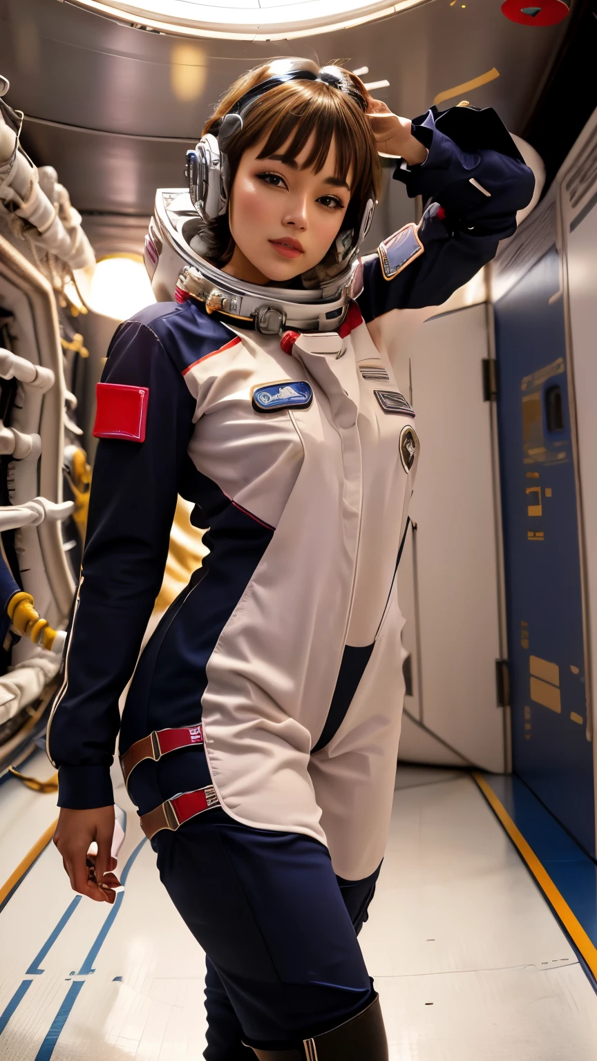 宇宙ステーションでポーズをとるセクシーなスーツを着たアラビア人女性,  スタートレックのアジア人女性, 宇宙飛行士の衣装に身を包んだ, 宇宙の少女, 60年代のSFピンナップスタイル, スペースモリー, サン・ユンジュ, beautiful woman 宇宙服を着用する, 1960年代の宇宙少女, ジア, 宇宙服を着用する, 宇宙船で