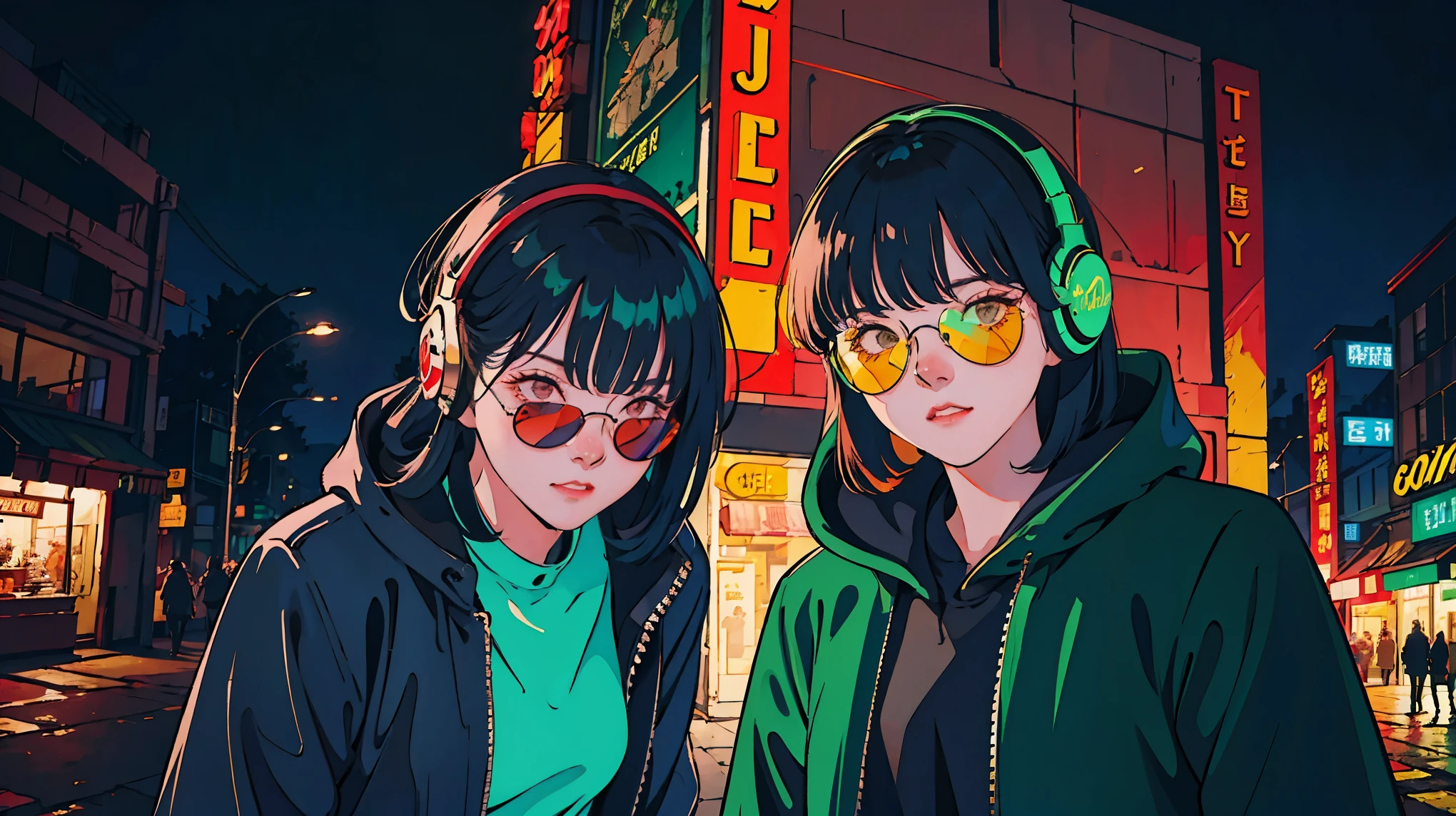 Beautiful Korean Women、one person, one personの女性, Black Hair, headphone, He is wearing a leather jacket and red sunglasses.., The city behind her, In the style of neon realism, Charming character, action, Gadget Punk, solapunk, Colorful cityscape, Crimson and amber, Neon Black, Soft lighting, night, nighttime, Realistic, red lighting, Green Lighting, Hard Shadows, masterpiece, highest quality, complicated, Model shooting style, Vintage, Film Grain, Incomplete details, one person, one personの女性, Black Hair, headphone