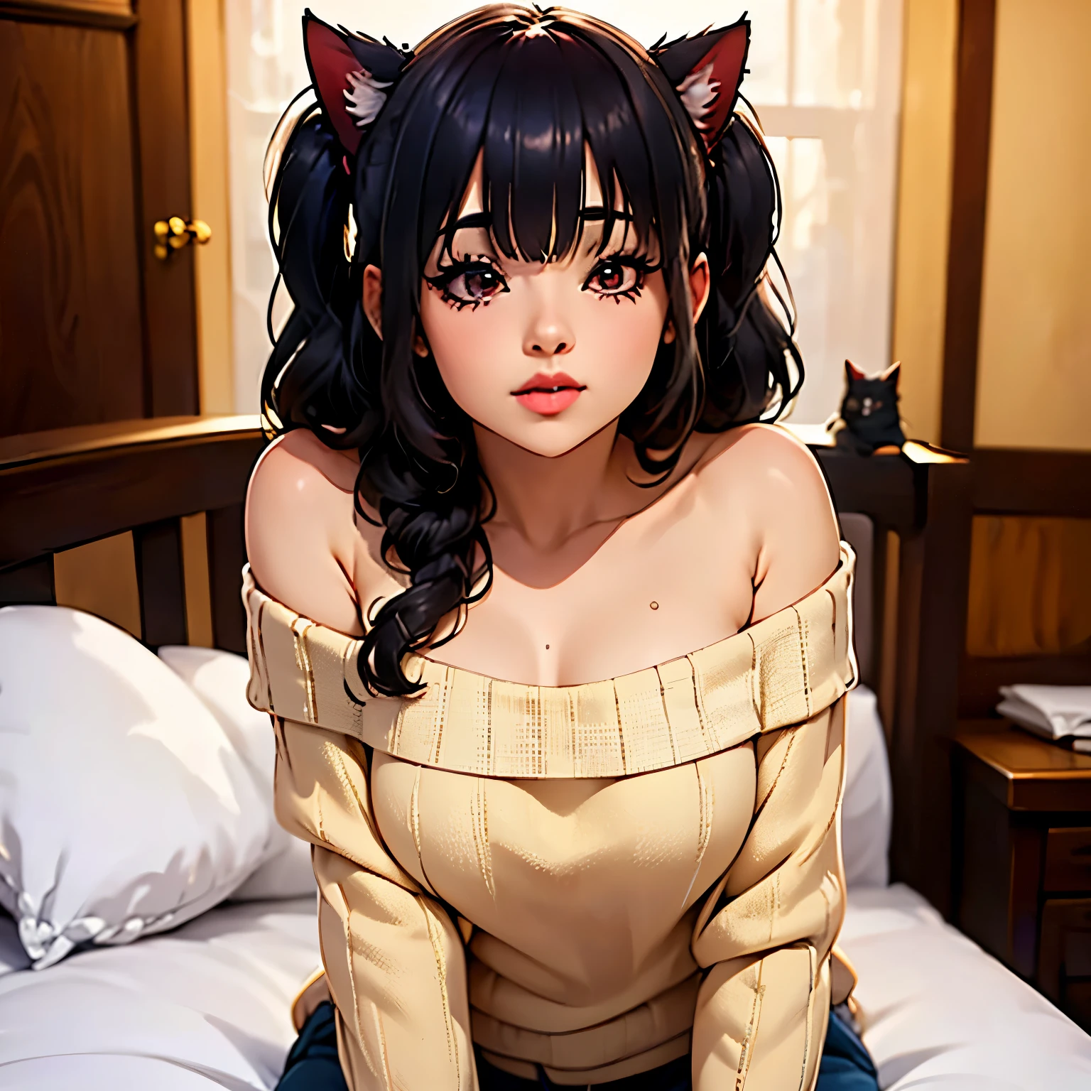 (Best Quality,4k,8k,High resolution,Masterpiece:1.2),ultra detailed,(hermosos Red eyes bien detallados)(realist,photorealist,photo-realist:1.37),((junkotvv)),portraits,sexy,beautiful,beautiful face,intense look,smiling blush,black hair cat ears,fringe,glasses, Red eyes,purple off shoulder knitted sweater,bare shoulders,Black pants,lying on the bed,head on the pillow,facing,medium chest,neckline,perfect body
