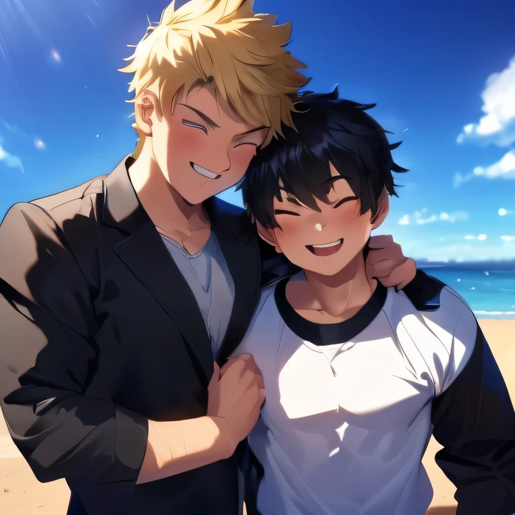 2 boy,kiss,(close eyes:1.2),(be happy:1.4),shoulder to shoulder,16 years old,happy blonde and black hair,black eyes,jacket,shirt,blush,(happy smile),blue sky backgroundy,Masterpiece,Top Quality,High quality,Ultra detailed,insanely detailed,beautiful,detailed eyes,anime style