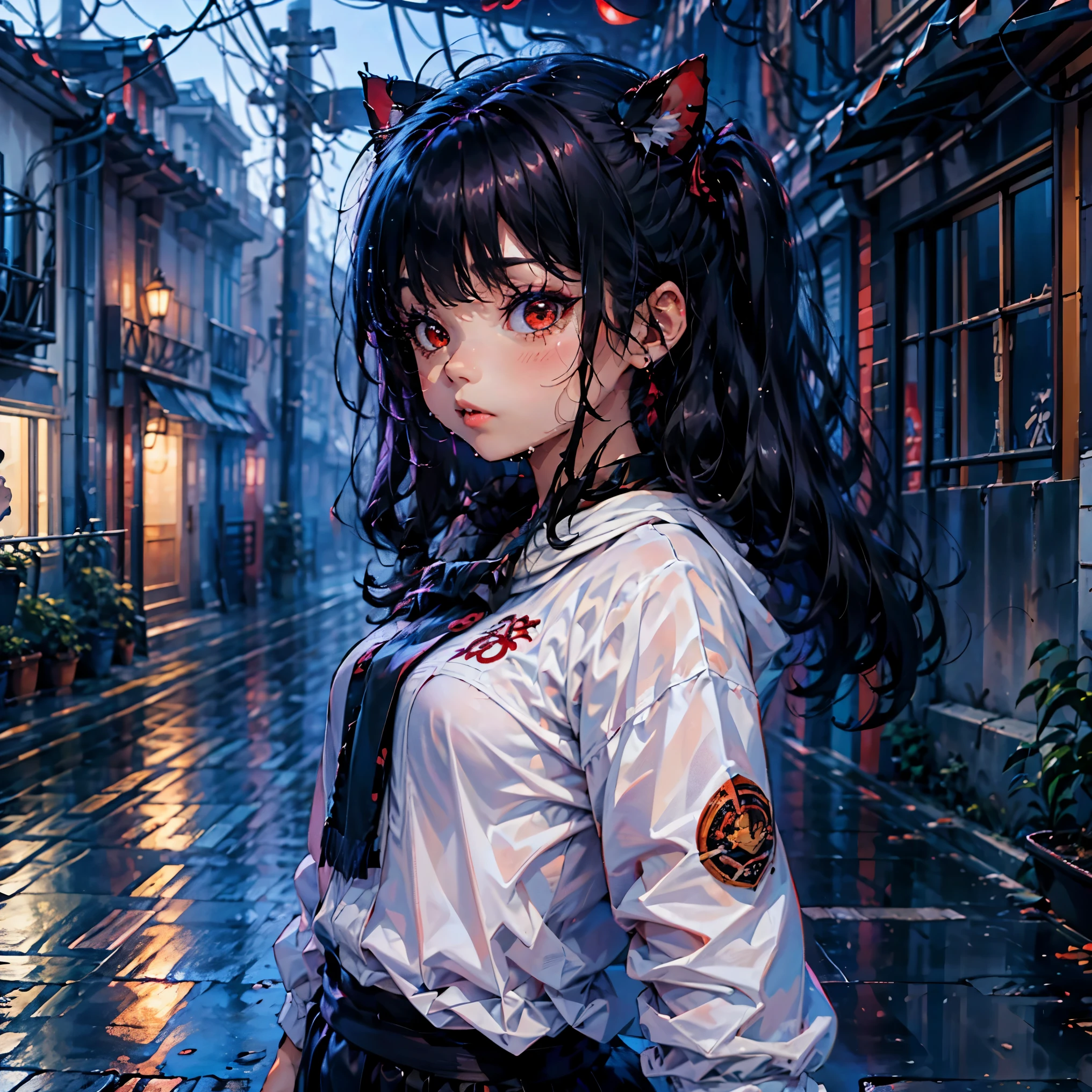 (junkotvv cabelo preto comprido com orelhas de gato e olhos vermelhos), Ilustração 3D de uma garota na chuva, (garota molhada), (chuva forte com vento)