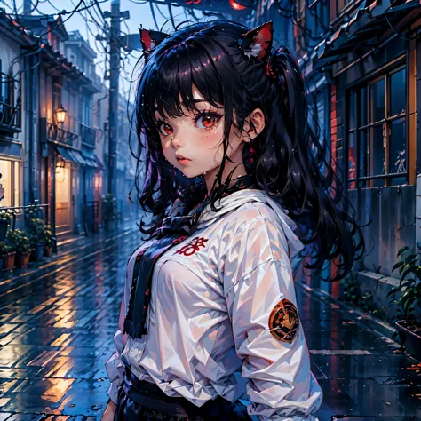 (junkotvv cabello largo negro con orejas de gato y ojos rojos), ilustracion 3d de una chica bajo la lluvia, (wet girl), (fuerte ...