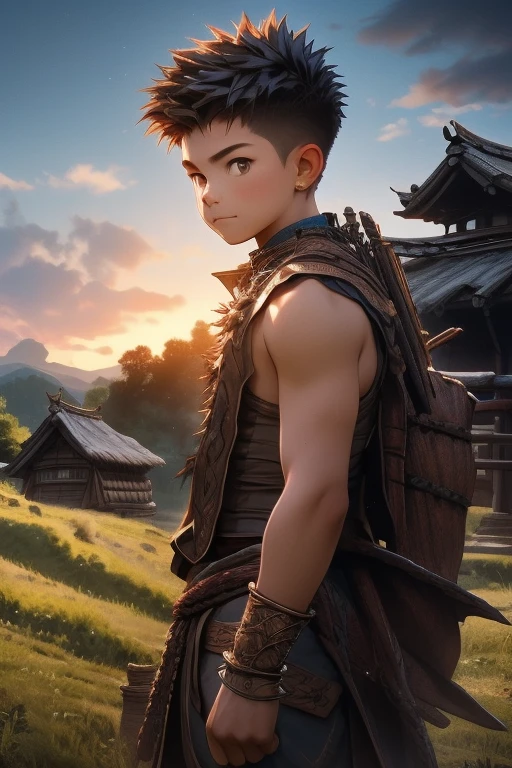 Before dawn, nature, Open Field, High Fantasy, Primitive tribal dwellings, Unity 8k wallpaper, Ultra detailed, Beautiful and aesthetic, Masterpiece, Best quality, Extremely detailed, Realistic, 1boy, 18 years old, sleeveless, Short spiked hair, crew cut hair, Cute, Young, Asian, Japanese role-playing game style, medieval, full body,