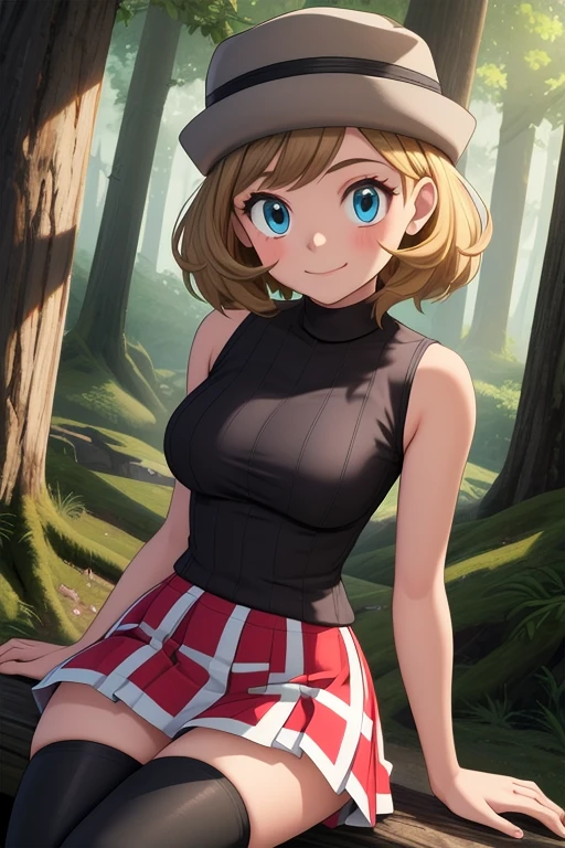 pkmnserena, 1girl, solo, blue eyes, blonde hair, short hair, bangs, hat, grey headwear,
black shirt, turtleneck, sleeveless, red skirt, pleated skirt, black thighhighs,
smile,closed mouth,cowboy shot,sitting,
forest,outdoor,
(insanely detailed, beautiful detailed face, masterpiece, best quality) cinematic lighting,