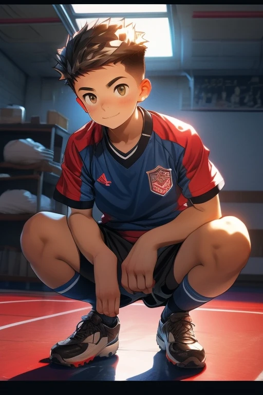 soccer uniform, Boxer briefs, high school student, squatting down, Club room, evening, Short spiked hair, crew cut hair, Cute, Young, Asian, Japanese role-playing game style, 