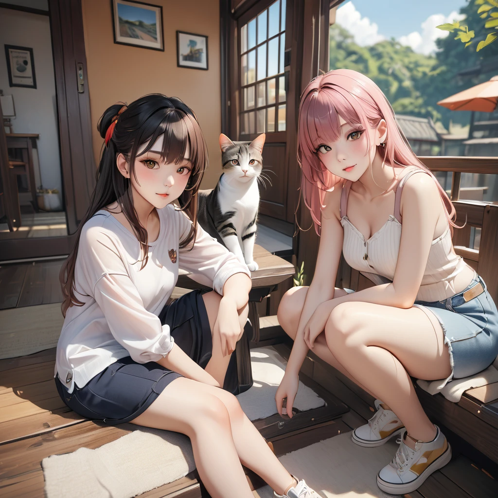 highest quality, Perfect Face, Complex, Beautiful views, Ultra-realistic 8K CG,Perfect artwork, (Ultra-high resolution:1.0), 8k, RAW Photos, (masterpiece:1.2), (PurerosFace_v1:0.5), Cat２Animals, Three Girls, Sitting, Crouching with one&#39;s back turned, 女の子の背中の上で丸くなって寝るCat, Girl&#39;s face looking back, Catが上に, Girl below, Curled up in the cold, 丸くなっている女の子とCatを見ている友人の女の子, Study Room, A scene of students relaxing while studying for a test