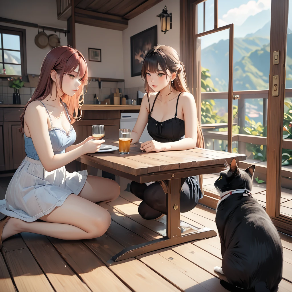 highest quality, Perfect Face, Complex, Beautiful views, Ultra-realistic 8K CG,Perfect artwork, (Ultra-high resolution:1.0), 8k, RAW Photos, (masterpiece:1.2), (PurerosFace_v1:0.5), Cat２Animals, Three Girls, Sitting, Crouching with one&#39;s back turned, 女の子の背中の上で丸くなって寝るCat, Girl&#39;s face looking back, Catが上に, Girl below, Curled up in the cold, 丸くなっている女の子とCatを見ている友人の女の子, Study Room, A scene of students relaxing while studying for a test