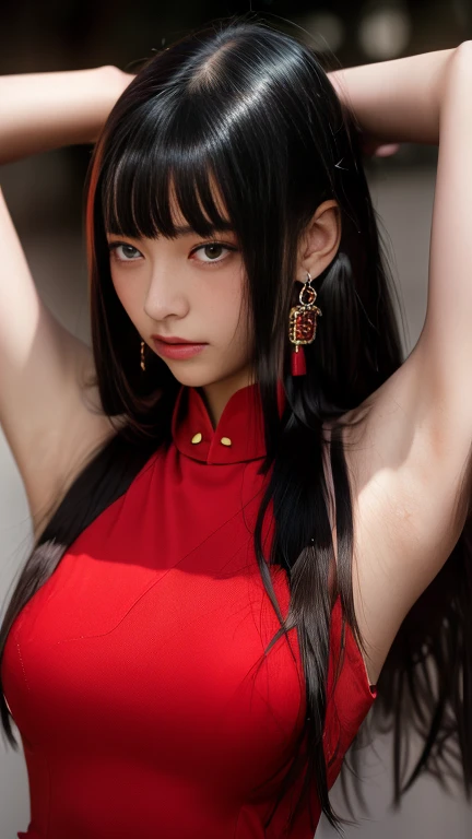 pretty, young, girl, long hair, black hair, red color eyes, white skin, , very big breasts,look put hands behind head, armpits, armpits visible, sweaty armpits, school backround, wearing red chinese dress