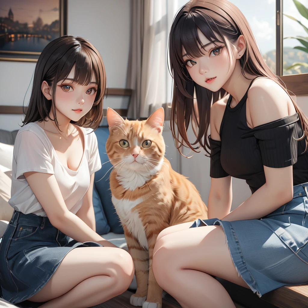 highest quality, Perfect Face, Complex, Beautiful views, Ultra-realistic 8K CG,Perfect artwork, (Ultra-high resolution:1.0), 8k, RAW Photos, (masterpiece:1.2), (PurerosFace_v1:0.5), Cat２Animals, Three Girls, Sitting, Crouching with one&#39;s back turned, 女の子の背中の上で丸くなって寝るCat, Girl&#39;s face looking back, Catが上に, Girl below, Curled up in the cold, 丸くなっている女の子とCatを見ている友人の女の子, indoor, Western-style room, poster on wall, Low Desk, textbook, Note, A scene of students relaxing while studying for a test