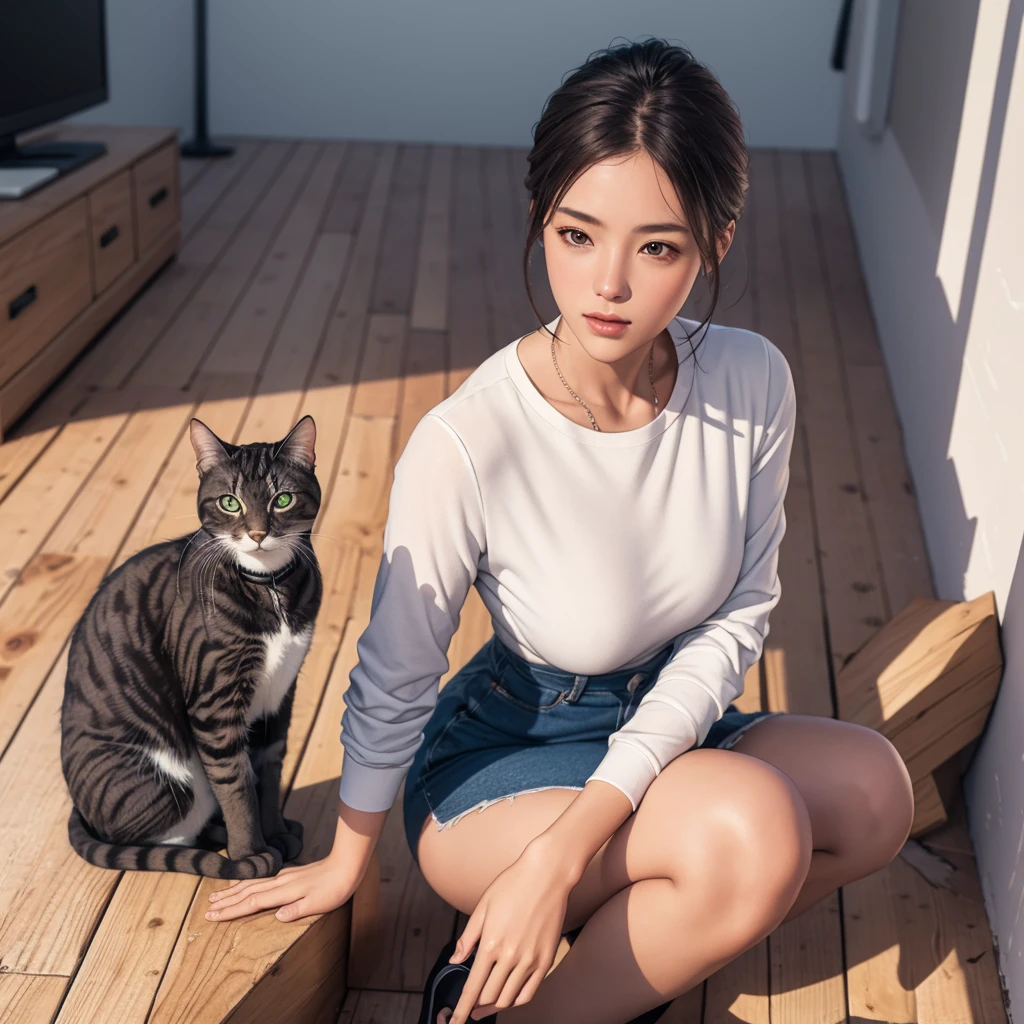 highest quality, Perfect Face, Complex, Beautiful views, Ultra-realistic 8K CG,Perfect artwork, (Ultra-high resolution:1.0), 8k, RAW Photos, (masterpiece:1.2), (PurerosFace_v1:0.5), Cat２Animals, Two Girls, Sitting, Crouching with one&#39;s back turned, 女の子の背中の上で丸くなって寝るCat, Girl&#39;s face looking back, Catが上に, Girl below, Curled up in the cold, 丸くなっている女の子とCatを見ている友人の女の子, indoor, Western-style room, poster on wall, Low Desk, textbook, Note, A scene of students relaxing while studying for a test