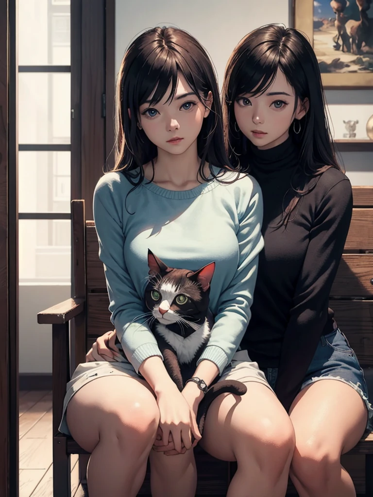 highest quality, Perfect Face, complex, Beautiful views, Ultra-realistic 8K CG,Perfect artwork, (Ultra-high resolution:1.0), 8K, RAW Photos, (masterpiece:1.2), (PurerosFace_v1:0.5), Cat２Animals, Two Girls, Sitting, Crouching with one&#39;s back turned, Cat curled up and sleeping on a girl&#39;s back, Girl&#39;s face looking back, Cat on top, Girl below, Curled up in the cold, A girl curled up and her friend watching the cat, indoor, Western-style room, poster on wall, Low Desk, textbook, Note, A scene of students relaxing while studying for a test