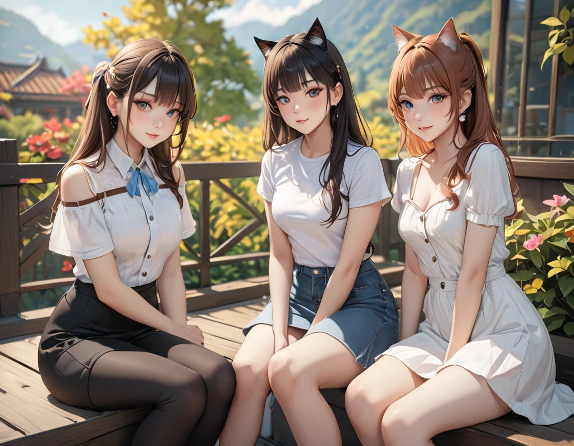 highest quality, Perfect Face, Complex, Beautiful views, Ultra-realistic 8K CG,Perfect artwork, (Ultra-high resolution:1.0), 8k, RAW Photos, (masterpiece:1.2), (PurerosFace_v1:0.5), Cat２Animals, Three Girls, Sitting, Crouching with one&#39;s back turned, 女の子の背中の上で丸くなって寝るCat, Girl&#39;s face looking back, Catが上に, Girl below, Curled up in the cold, 丸くなっている女の子とCatを見ている友人の女の子, indoor, Western-style room, poster on wall, Low Desk, textbook, Note, A scene of students relaxing while studying for a test