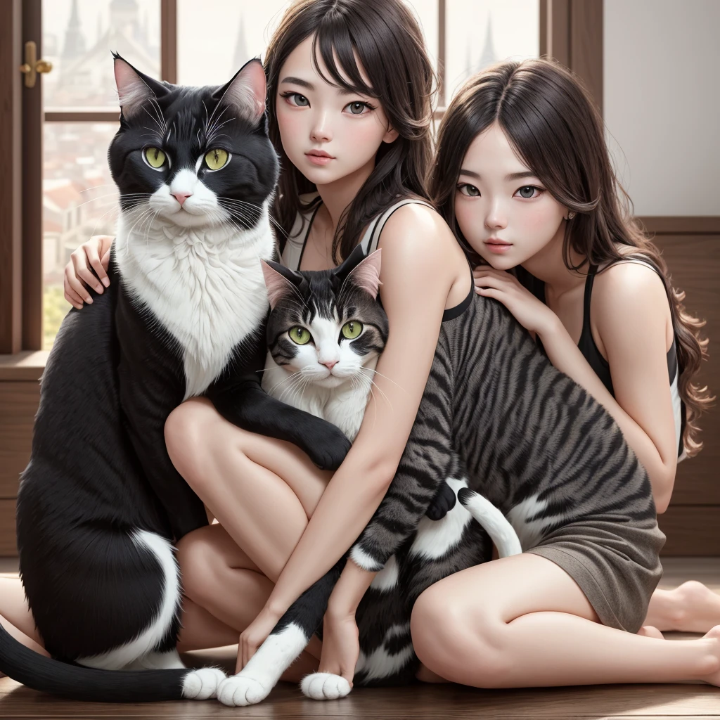 highest quality, Perfect Face, complex, Beautiful views, Ultra-realistic 8K CG,Perfect artwork, (Ultra-high resolution:1.0), 8K, RAW Photos, (masterpiece:1.2), (PurerosFace_v1:0.5), Cat２Animals, Two Girls, Sitting, Crouching with one&#39;s back turned, Cat curled up and sleeping on a girl&#39;s back, Girl&#39;s face looking back, Cat on top, Girl below, Curled up in the cold, A girl curled up and her friend watching the cat, indoor, Western-style room, poster on wall, Low Desk, textbook, Note, A scene of students relaxing while studying for a test