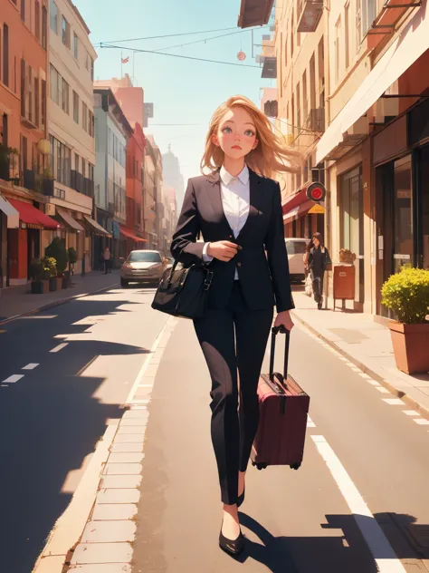 girl in a business suit walking down the street holding a suitcase, city, scenery, illustrated, animated, colorful, beautiful, s...