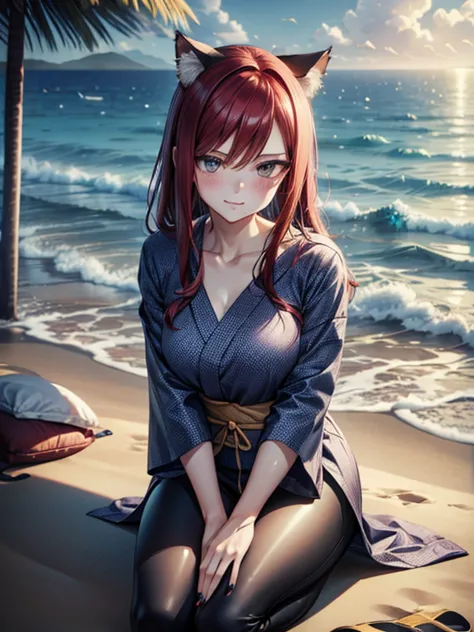 1 girl,erza scarlet,confident,soft smile,sitting on a beach,short shoulderless low cut yukata,tight,black shiny leggings,cossed ...