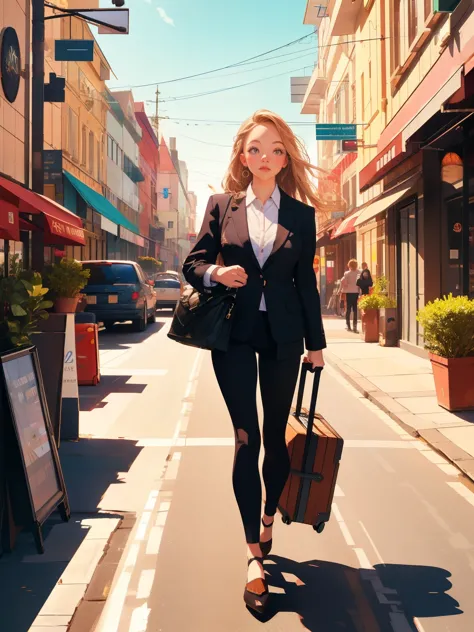 girl in a business suit walking down the street holding a suitcase, city, scenery, illustrated, animated, colorful, beautiful, s...