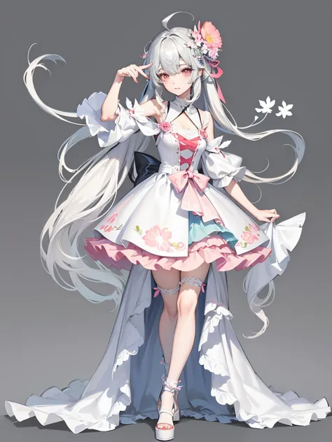 attractive character design,full body portrait,harakami impact,((teens girl)), group of three dresses with flowers, guweiz on ar...