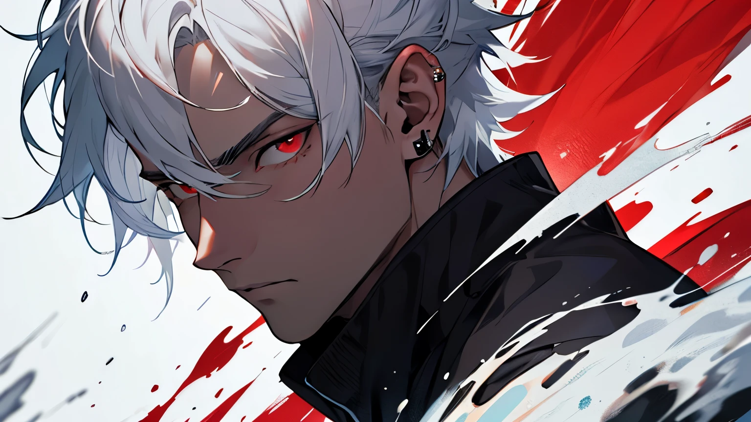 Anime guy with white hair and red eyes staring at something - SeaArt AI