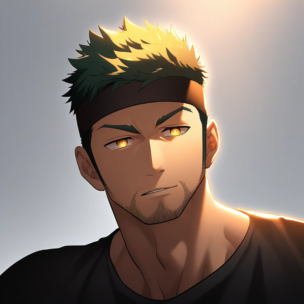 anime characters：Gyee, priapus, 1 young muscular man, male focus, sports Black headband, Black tight T-shirt, muscular male, muscular, only, Upper body, alone, Black short hair, Thick eyebrows, stubble, Yellow eyes, White background, simple background, amazing quality, best aesthetics, Ridiculous, bright pupils, crew cut, naughty face, torogao, parted lips, chiaroscuro, cinematic lighting, best quality