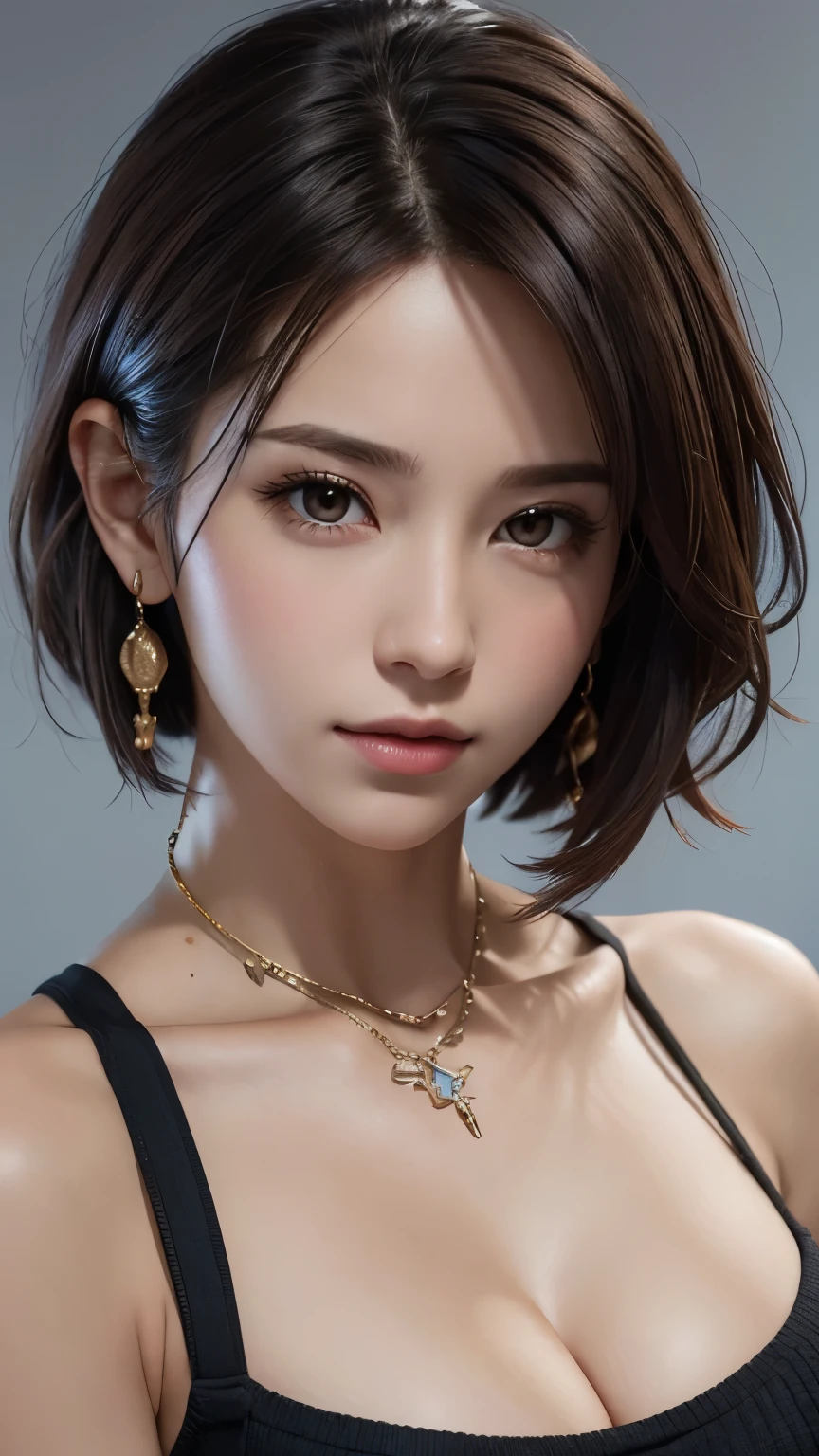 (Representative works: 1.3), (8k, Realistic, RAW Photos, Best image quality: 1.4), (30 year old mature woman),Small face, Beautiful Face, (Realistic Face),No makeup、Natural Makeup、light makeup、 (Dark brown, short hair: 1.3), Beautiful Hairstyles, Realistic eyes, Beautiful fine details, (Photorealistic Skin), Beautiful Skin, (sweater),、Bust B cup、 Confused, charm, 超High resolution, Ultra-realistic, High resolution, Golden Ratio, Final Fantasy Tifa、Gray background、