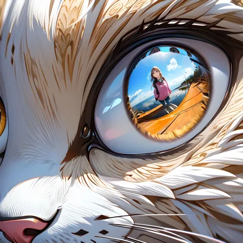 Depict the face of the girl peering in, Reflection projection, Fish-eye lens shot, Render with transparent layers, 