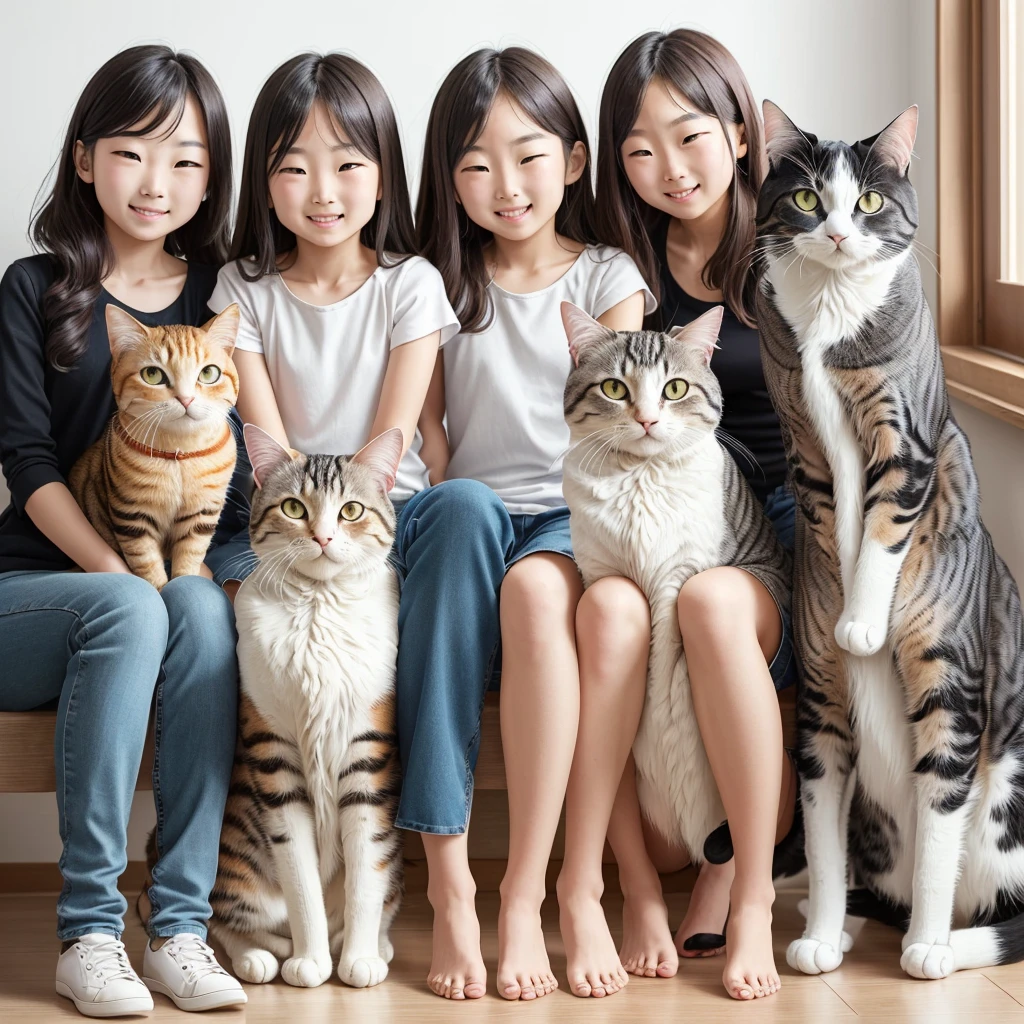 Male CatとFemale Cat, (Male Cat: Swollen cheeks, Brown Tabby Cat, Chubby body type), (Female Cat: Inverted triangle slim face, Slim figure), 2 Relaxing and snuggling with Animals, Shiny fur, Sitting Sphinx, Cat２Animals, Three Girls, Sitting, Crouching with one&#39;s back turned, Cat curled up and sleeping on a girl&#39;s back, Girl&#39;s face looking back, Cat on top, Girl below, Curled up in the cold, A girl curled up and her friend watching the cat, indoor, Western-style room, poster on wall, Low Desk, textbook, Note, A scene of students relaxing while studying for a test, heartwarming sight, 2Animals&#39; cats are a heartwarming sight,