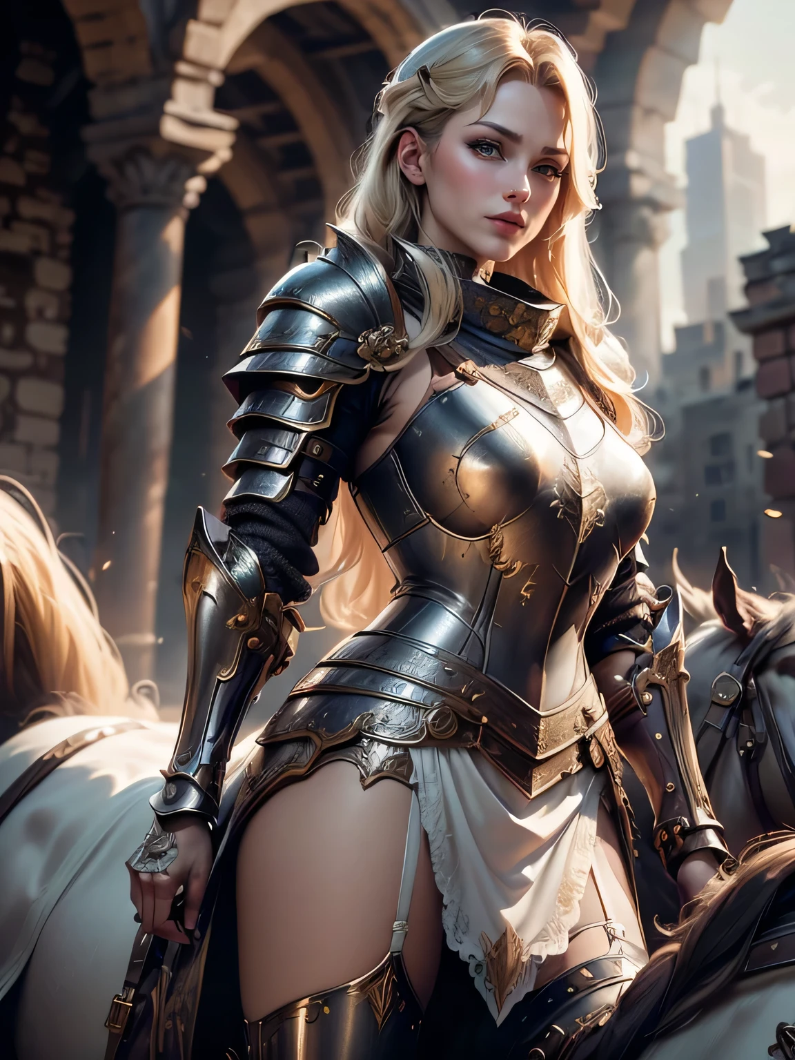 (Masterpiece, Superb Detail, Super Detailed, High Resolution), Male Focus, (((Female Armor))), (((Armor Dress Set))), (She Has Long Blonde Hair, Medium Breasts, Slim, perfect body, beautiful face), look at viewer, (((white panty))), (((riding a horse))), City Ruins, Background Details, Solo