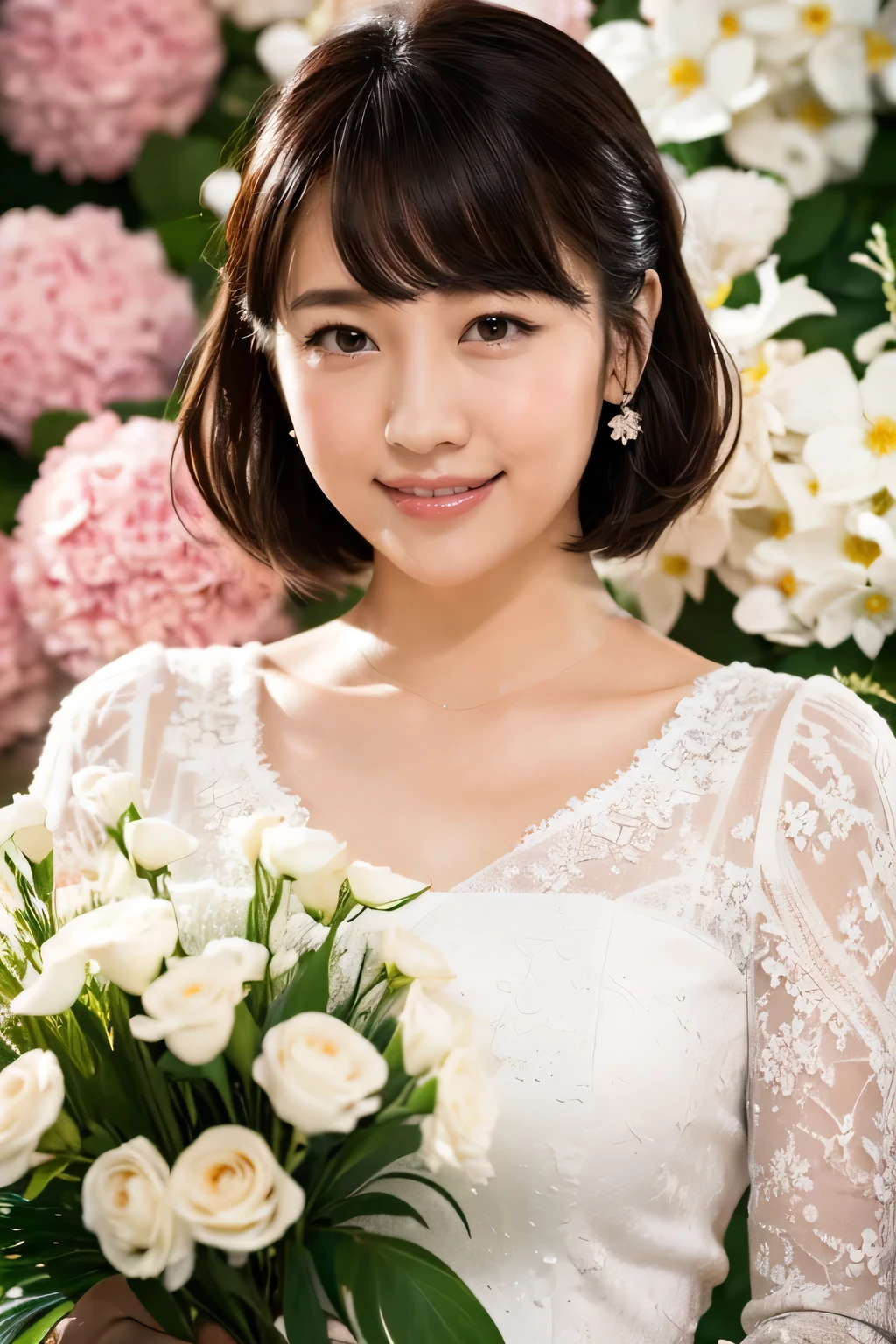 Medium display, Medium Shot, Written boundary depth, bust, Upper Body, Movie angle, masterpiece, highest quality, Very detailed, CG, 8k wallpaper, Beautiful Face, Delicate eyes, Otome, alone, smile, bangs, have,White color dress, bow, petal, bouquet