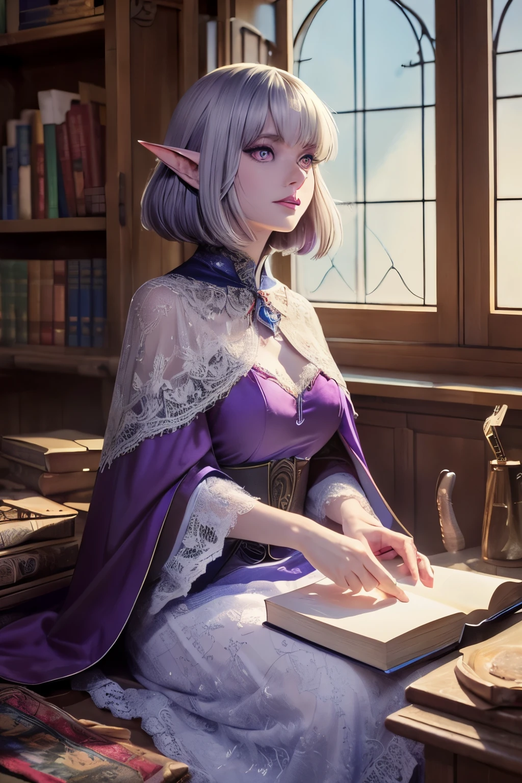 (ultra-detailed face, looking away:1.3), (Fantasy Illustration with Gothic & Ukiyo-e & Comic Art), (1 woman, 2 cat:1.5), (She has her back turned, a magic book open on her desk in her magic lab, and is holding a cat with both hands:1.2), (A middle-aged dark elf woman with white hair, blunt bangs, bob cut, and dark purple skin, lavender eyes:1.2), BREAK (She is wearing a cape dress with sky blue lace and red sandals), BREAK (A large cat with blue eyes is lying down beside her:1.2), BREAK (In the background, we see a shelf where magic books and magic tools are tucked away)