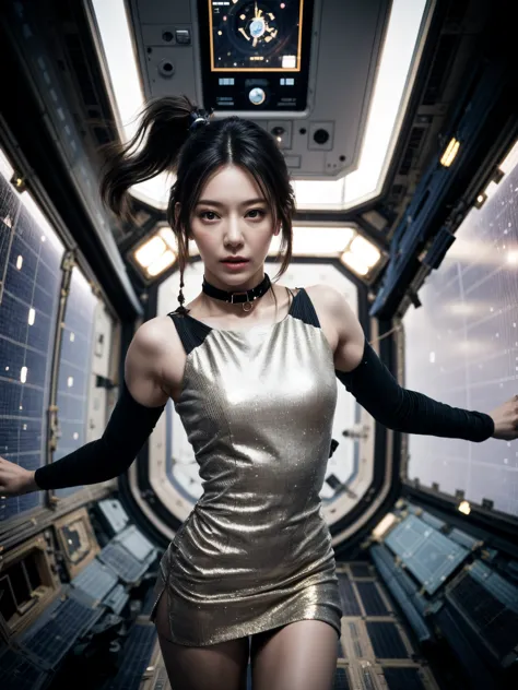 1girl, floating, space station, zero gravity, wear shimmering minidress, choker, looking at viewer, detailed face, very long hai...